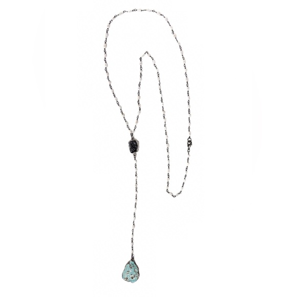 NEW - Stunning Freshwater Pearl, Turquoise & Druzy Lariat Necklace Handmade - Picture 2 of 2